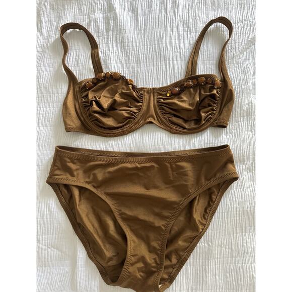 DKNY Brown Bikini Embellished Full Coverage Old Money Resort Beach Pool Size 10 - Picture 1 of 8